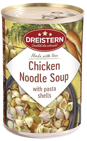 DREISTERN Sopa de pollo con fideos 400 g I Con pollo & verduras I Guiso casero sabroso en lata reciclable I Larga duración gracias a la conservación natural I Calidad casera