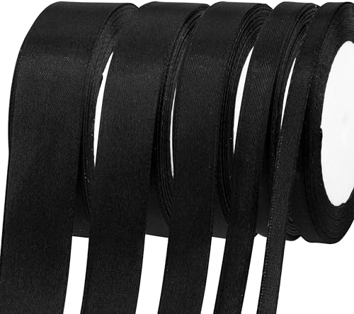 Fyshird Satinband Schwarz 25/20/15/10/6mm Geschenkband Breit Schleifenband Hochzeit Polyester Bänder zum Basteln Dekoband für Geburtstag DIY Geschenkverpackung Weihnachten (22m/Rolle)