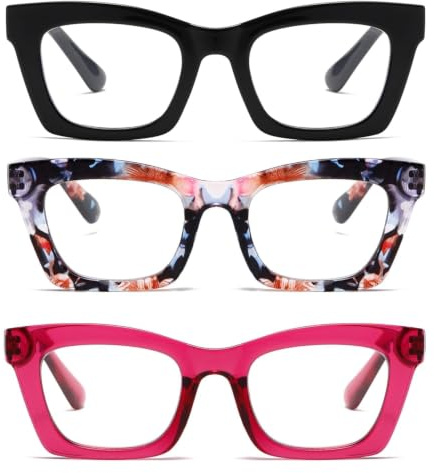 Hubeye Gafas de lectura para Mujeres de Moda Anteojos de lectura con Bisagra de resorte ultraligeras anti luz azul (Negro+Flor+Rosa, 1.00)