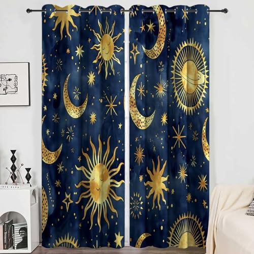 Vorhang Blickdicht Thermovorhang Modische Halbmond- Und Sonnenhimmelskörper Muster Gardinen Wohnzimmer Vorhänge Geräuschreduzierung Dekoration für Schlafzimmer Fenster Marineblau 215 x 110 cm