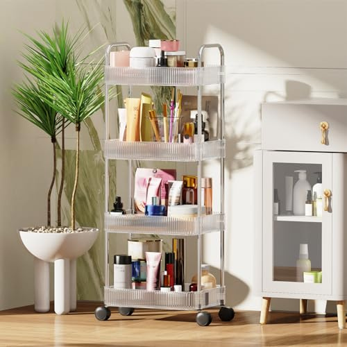 Lvhecforhm Transparenter Rollwagen mit 4 Etagen, Aufbewahrungswagen Acryl, Mobiles Regal Organisation mit Rädern, Badezimmer Wagen Organizer, Waschküche, Lagerwagen für Wohnzimmer, Schmale Orte