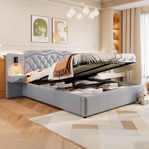 KOMHTOM 180x200cm Lit Double Rembourré avec Tables et Lampes de Chevet, Coffre avec Prise USB et Rangement sous Le Lit, Chambre à Coucher (sans Matelas) (Gris)