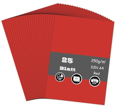 25 Blatt Tonpapier Rot, 250g/m² Tonkarton - DIN A4 Bastelkarton für Malen Kartenherstellung Einladungen Scrapbook Basteln