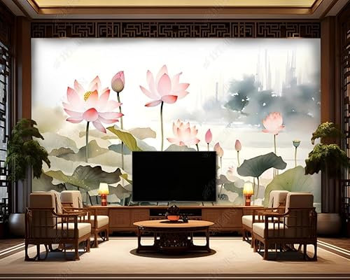 Papier Peint Intissé Paysage De Lotus Méticuleux Poster Tableaux Muraux Tapisserie Photo Trompe L'Oeil Salon Chambre Art Mural 400Cm(L) X280Cm(H)