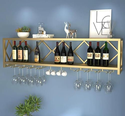 Weinregal zur Wandmontage, mit Glashalter, Heimdekoration, Weinschrank, Ausstellungsregal für Weinflaschen und Gläser, 80 x 25 x 45 cm, goldfarben