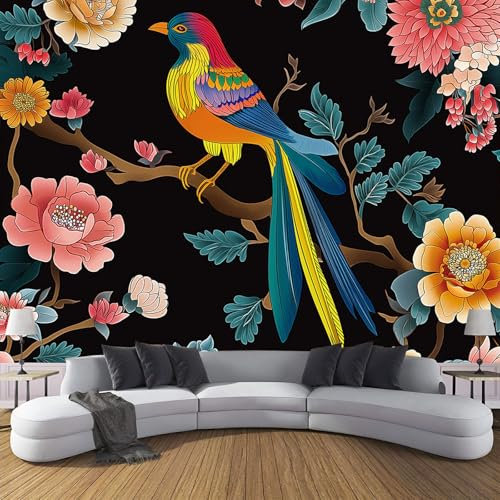 Carta Da Parati Fotografica, Colore Fiori E Uccelli In Tessuto Tessuto Di Seta, Decorazione Murale Di Grandi Dimensioni, Per Soggiorno, Camera Da Letto, Sfondo Tv, 150Lx105A Cm