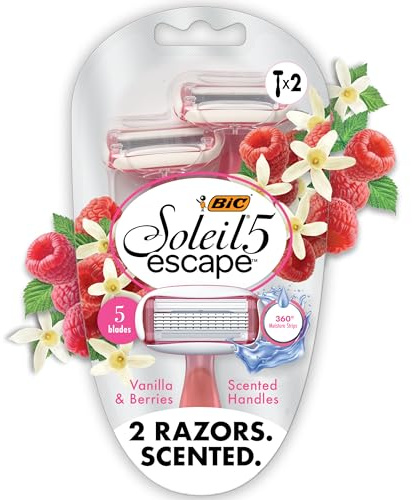 BIC Soleil Escape - Rasoi usa e getta da donna con 5 lame per un'esperienza sensoriale e una rasatura confortevole, confezione da 2 rasoi da barba con manico profumato alla vaniglia e frutti di bosco
