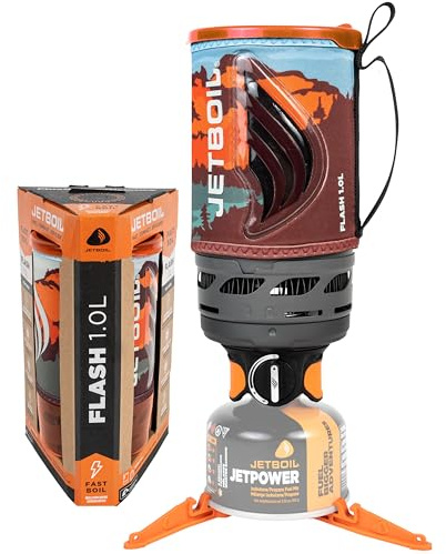 Jetboil Flash Réchaud portable à ébullition rapide de 1 l pour camping et randonnée avec allumage automatique en 1 étape, brûleur au propane/isobutane avec tasse de cuisson, paysage de montagne