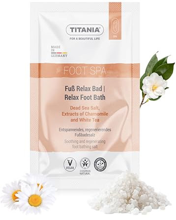TITANIA® Sel de bain de pieds 40 g avec extrait de camomille et de thé blanc, soin naturel des pieds pour la détente et la régénération, végétalien, sans microplastique, testé dermatologiquement