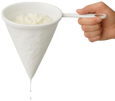 CHEFZOCO Colador de Cocina Multiuso de Tela, Colador kefir, Utensilio para colar cafe, Filtro Eficiente para Aceite y Jugos, Mango de plástico, Con 2 ganchos de sujeción, Diámetro del colador 14 cm