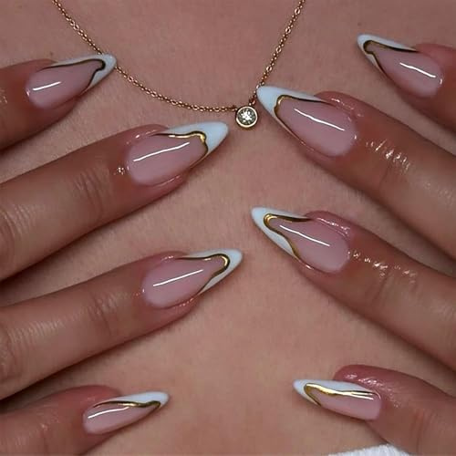 ASOMI 24 Stück weiße French Tip Press-on-Nägel, Gold Line Fake Nails, mittelbraune künstliche Nägel, Mit Geleekleber, zum Aufkleben, künstliches Acryl