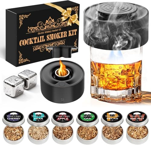 Electric Whiskey Smoker Kit with 6 Wood Chips | Flameless Drink Smoker for Cocktail, Old Fashioned & Bourbon | No Butane Needed - Bourbon Whiskey Gifts for Men, Dad