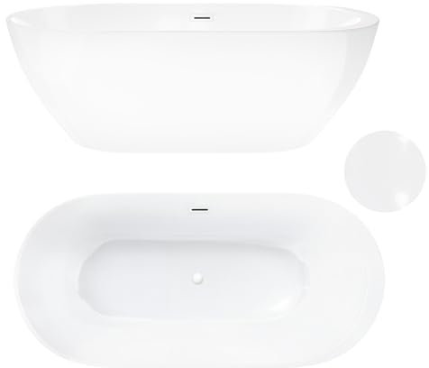 Aquauno - Baignoire autoportante ovale en acrylique sanitaire de qualité supérieure - Avec bonde clic-clac, trop-plein, couvercle, bonde en blanc - Baignoire design pour salle de bain moderne - 170 x