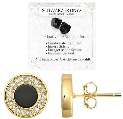 JANDY SHINE Schwarzer Onyx Ohrringe für Damen Herren 925 Sterling Silber Hypoallergene Natürlicher Edelstein Ohrstecker mit 5A Zirkonia, 10mm Durchmesser (Gold)