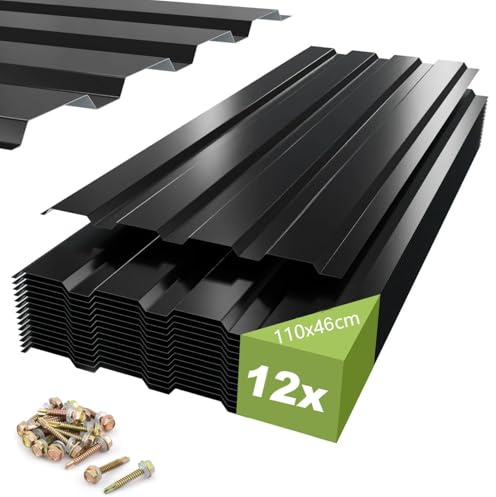 12x Trapezblech 110x46cm (5,94m²) verzinkt & rostfrei – Profilblech Dachblech Wellblech für Carport, Garage, Gartenhaus – inkl. 200 Schrauben – Anthrazit/Schwarz, wetterfest & lang