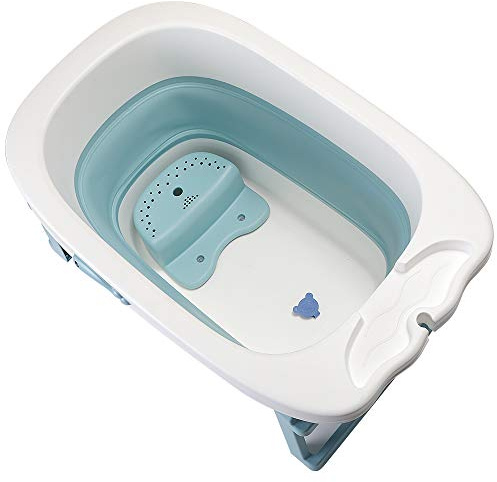 Gran bañera plegable para bebé con asiento, ducha para bebé, XXL, patas antideslizantes, tapón de drenaje -3 en 1 lavabo de ducha portátil, 2-7 años (azul, 85,3 x 55,5 x 43,7 cm)