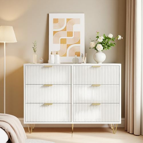 PerGar Kommode mit 6 Schubladen, Weißes Sideboard mit Großer Kapazität, Schubladenkommode, Komodenschrank, für Wohnzimmer, Schlafzimmer, Flur, Eingang, 100 x 34 x 73cm