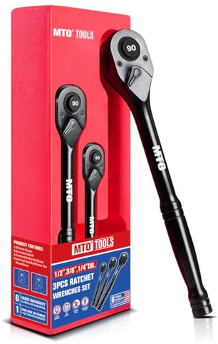 MTO 3-Piece 90 Tooth Ratchet Wrench Set, 1/4”, 3/8”, 1/2” Drive Reversible Ratchets, Ergonomic Handle, Chrome Alloy Made, Quick Release Ratchet