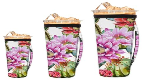 Lot de 3 manchons isothermes réutilisables en néoprène pour tasse à café, aquarelle, cactus tropical, plantes florales, dessin animé, durable pour boissons chaudes et froides