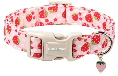 DOGWONG Erdbeer-Hundehalsband, Rosa Erdbeer-Hundehalsbänder, Verstellbares Designer-Halsband mit Erdbeeren und Blumen für Kleine, Mittel und Große Hunde, S