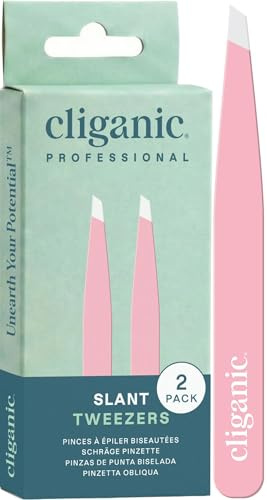 Cliganic Pinzas profesionales para cejas, punta inclinada, precisión para hombres y mujeres, acero inoxidable, ideal para depilar el vello facial de barbilla (rosa, paquete de 2)