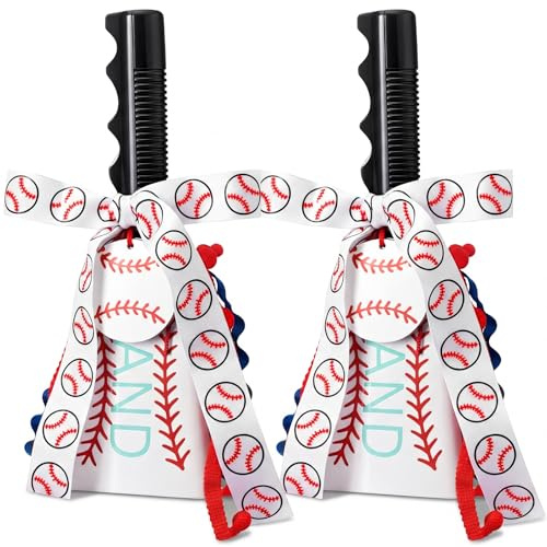 Fiada 2 Set 9 Inch Baseball Cow Bell for Sporting Events with Letter Stickers Ribbon and Labels DIY Cowbell Noise Makers with Handle for Games Graduation Parties Schools Farms and Percussion Music