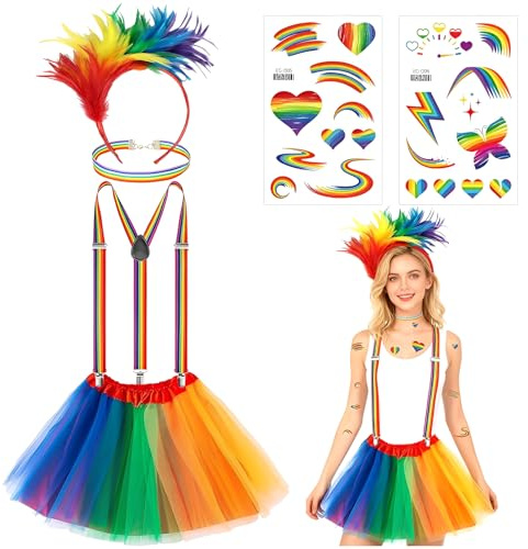 RAOPNHS Costume arcobaleno da donna, set da 6 pezzi, gonna in tulle, bretelle, cerchietto a piuma, adesivi e collana, costume da carnevale da donna, costume di carnevale