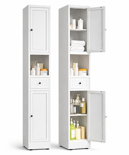 BIZOEIRON Schmaler Badezimmerschrank 30 x 30 x 180 cm, Metall Badschrank mit Türen, Verstellbaren Einlegeböden, Schublade und Offenem Fach, Badezimmer-Organizer für Kleine Räume, Weiß