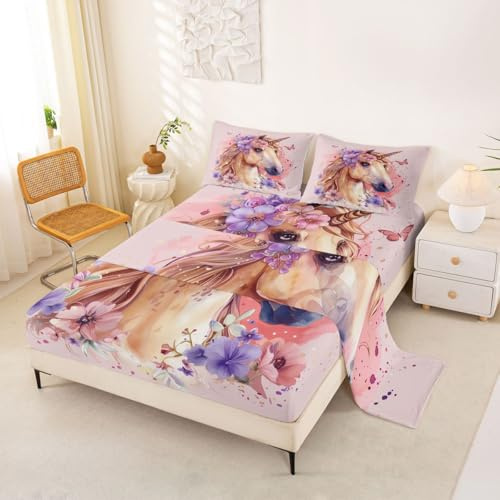 Homemissing hästbäddset king size gård blomma djup ficka anpassat lakan söta sängkläder set mjuka sängkläder set 4 st med 2 örngott