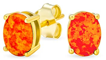 Einfache Klassische Weiße Feuerorange Schwarze Blaue Opulenz-Edelstein-Kreierter-Opal-Oval-Stud-Ohrringe 14K Gelbgoldbeschichtetes .925 Sterlingsilber 7MM Oktober-Geburtsstein