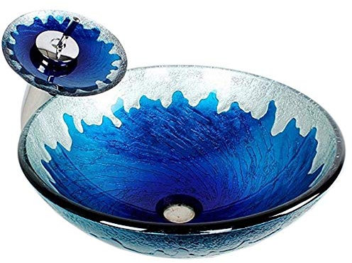 HomeLava Lavabo Vasque en Verre Trempé Bleu, avec Robinet Cascade à poser la salle de bain,garantie de 2ans