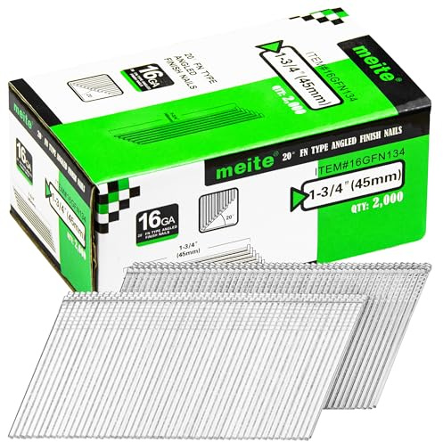 meite 16 Gauge Angled Finish Nails, 45mm Galvanised Angled Nails for Finish Nail Guns, 16GA 20 Degree Angled Nails for Carpentry & Interior Trim – 2,000 Pack