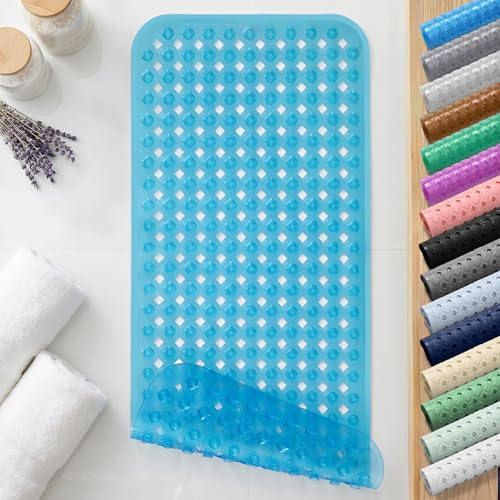 Yimobra Bathtub Mat Non Slip, 35X16 Shower Mat with Strong Suction Cups & Drain Holes, Long Anti Slip Bath Tub Mat for Inside Shower, Machine Washable Fast Drying, Bathroom Essentials, Clear Blue