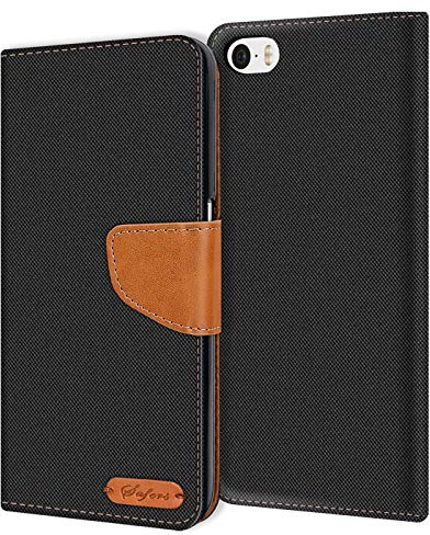 Verco für iPhone SE 1. Generation Hülle, Schutzhülle für Apple iPhone 5 5S Tasche Denim Textil Book Case Flip Case Klapphülle, Schwarz