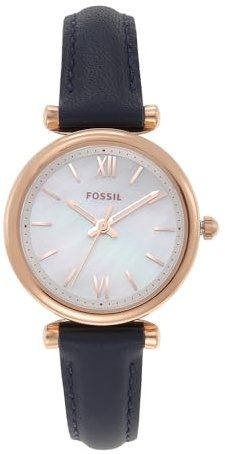 Fossil Carlie Mini Watch für Damen, Quarzwerk mit Edelstahl- oder Lederarmband, Blau und Roségoldton, 28MM