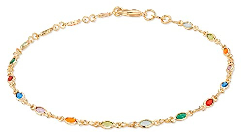 Barzel 18K Gold Plated Gold and Multi Color Crystal Baguette Anklet, 10 Inches - Made in Brazil