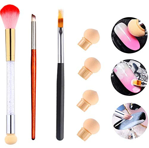 MWOOT 3 Piezas Pinceles Uñas para Nailart, Cepillos de Esponja Degradados Uñas, con Cepillo Polvo Nail Art, Cepillo de Uñas Gel Ombre, Bolígrafo para Pintar Decoración Uñas, con Reemplazo de Esponja