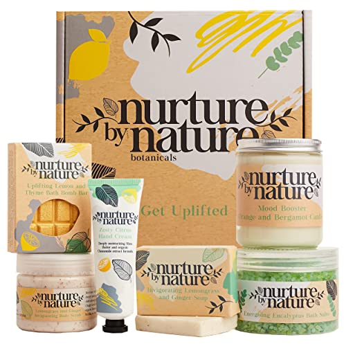 Nurture by Nature, Entspannung & Uplift, Verwöhnkörbe für Frauen, Spa-Badeset, Badesalz, Aromatherapie, Seife, Badekugeln, Kerze & mehr, Geburtstagsgeschenk