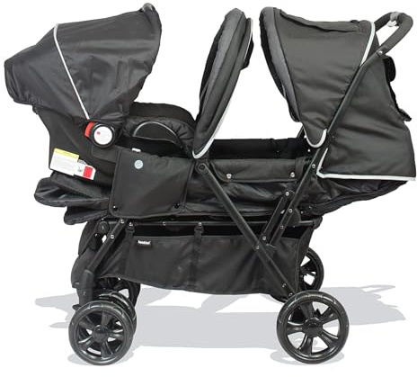 BAMBISOL – Cochecito doble y Gr0+ para gemelos de nacimiento – 4 ruedas dobles – Negro gris