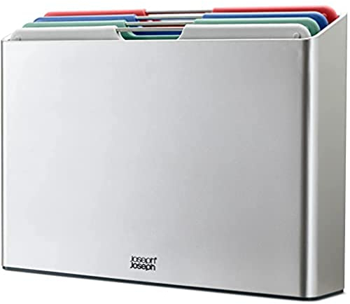 Joseph Joseph Folio Set of 4 Chopping Board Set, Slimline case for organised storage, Large- Silver/Coast