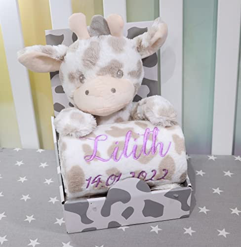Generisch Geschenk-Set New Baby ★ Babydecke mit Namen + Plüschtier ★ Baby-Shower ★ Geburt ★ (Beige - Giraffe 2)