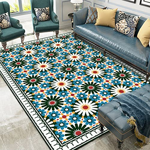 Rururug Rechteckig Teppich Moderner Läufer Orientteppich Kurzflor Flur Schlafzimmer Küche Wohnzimmer rutschfest Waschbar, Blaue, rote, gelbe und weiße Blüten 80 x 200 cm
