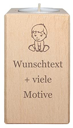 Baby Geschenk zur Geburt - Teelichthalter aus Holz personalisiert mit Name und Motiv - für Jungen und Mädchen, mit Geburtsdaten - Alternative Geburtskerze, Patenkerze, Lebenslicht