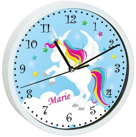 CreaDesign, Wanduhr für Kinderzimmer Einhorn blau, Kinderuhr weiß mit Quarz Uhrwerk, personalisiert mit Name, Durchmesser 19,5 cm
