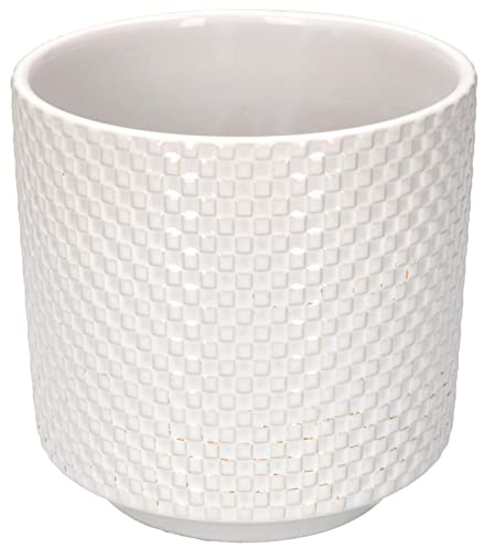 KOTARBAU® Maceta cilíndrica de cerámica esmaltada, Ø12 cm, Tiesto Decorativo para Flores y Plantas, Macetero Redondo para Interiores, Diseño Minimalista, Blanco, Acabado Brillante, Patrón Cuadrado