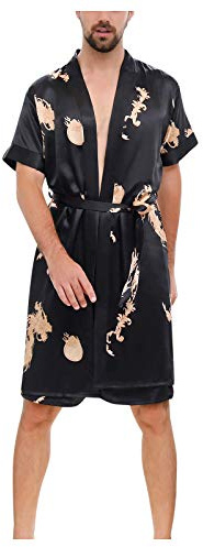 YJLX Peignoir de chambre pour homme léger en soie - Peignoir court en satin - Kimono - Robe à manches longues - Pyjama - Chemise de nuit en satin - Manteau de maison - Cadeaux pour homme, Noir , XL