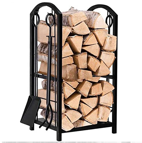 Kaminholzständer Feuerholzablage Für Innen Außen Brennholzregal 2 Schichte Holzkorb Mit Kaminbesteck Korb Besteck Kaminzubehör Schwarz Edelstahl Kaminwerkzeug Schwarz 40X30x73cm