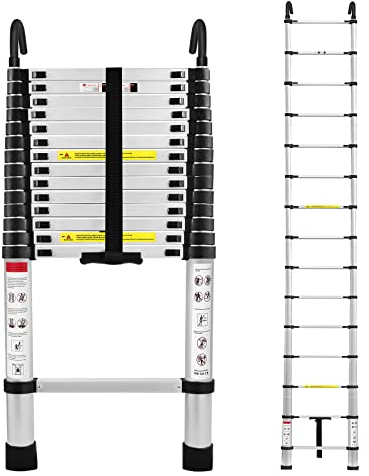 LARS360 Scala telescopica in alluminio da 4,4 m, con ganci rimovibili e piedini antiscivolo, pieghevole, scala in alluminio, capacità di carico 150 kg, altezza piegata: 90,5 cm, colore: argento