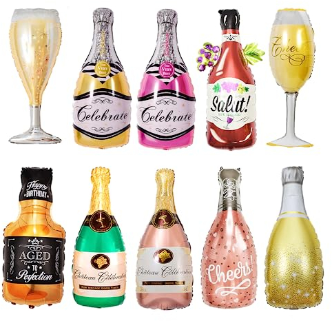 Champagne Ballon Géant Aluminium - 10 Pièces, pour Mariages et Fêtes - Bouteille Verre à Vin, Whisky et Bière