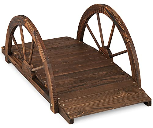 GOPLUS 101,5 cm lange Gartenbrücke aus Holz, gebeizte Bogenbrücke aus Tannenholz mit radförmigem Sicherheitsgeländer, rustikale Außendekoration für Hof Garten Bach Bauernhof, Braun